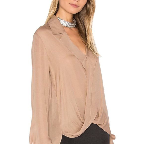 L'AGENCE Rita Drape-Front Faux-Wrap Silk Blouse NUDE - Picture 3 of 13